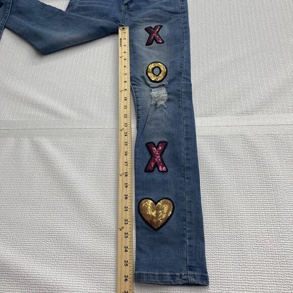Betsey Johnson Girls 14 XOXO Sequin Embellished Patched Distressed Light Jeans - Picture 5 of 9